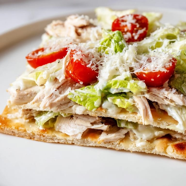 A freshly baked Caesar Chicken Flatbread topped with seasoned grilled chicken and a generous sprinkle of Parmesan cheese.