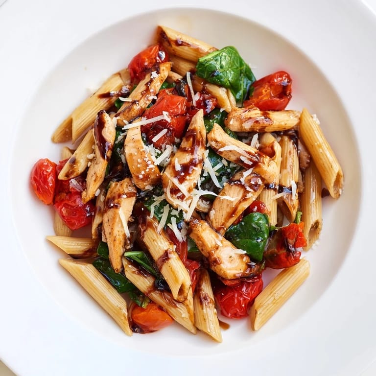 Freshly cooked Balsamic Glazed Chicken Pasta in a rustic skillet, garnished with wilted spinach, cherry tomatoes, and a sprinkle of Parmesan cheese.