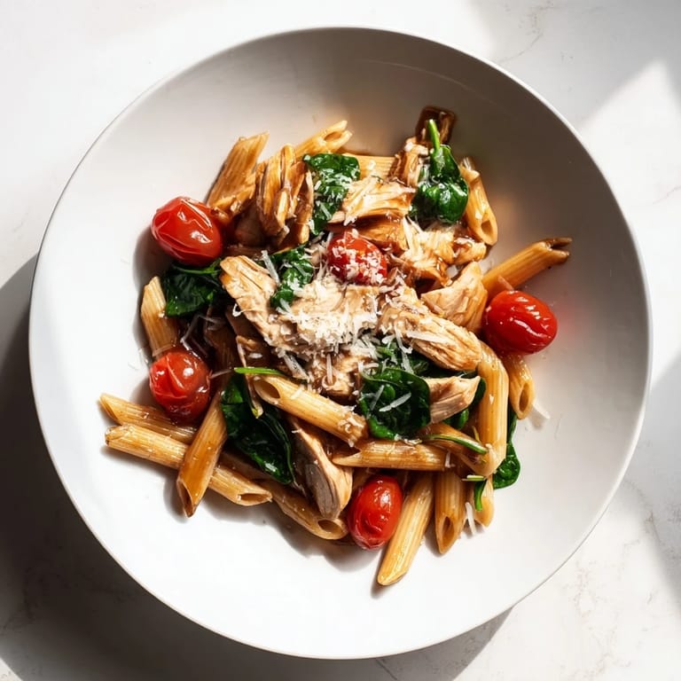 An overhead view of a plate of Balsamic Glazed Chicken Pasta, with steam rising and fresh basil leaves scattered on top.