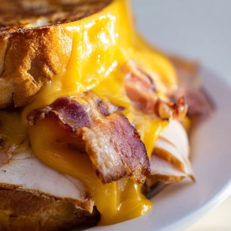 A close-up shows the golden crust of a Turkey Club Grilled Cheese, stuffed with turkey, bacon, lettuce, tomato, and gooey melted cheese.