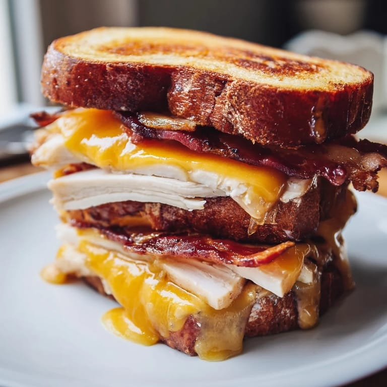 Toasted slices reveal melted Swiss cheese layered with savory turkey, crunchy bacon, juicy tomato, and crisp romaine in this hearty Turkey Club Grilled Cheese.