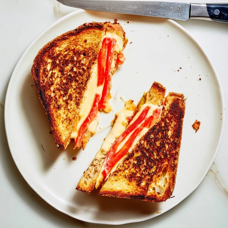 A close-up of a halved Pepper Jack & Tomato Grilled Cheese, highlighting its gooey pepper jack and juicy tomato interior.
