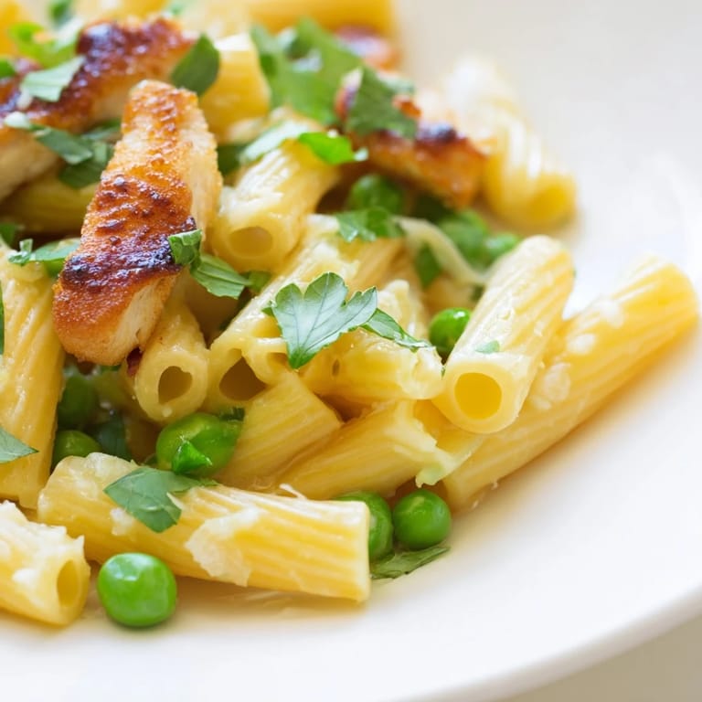 A skillet of Pea & Mint Chicken Pasta garnished with grated Parmesan and mint, steaming beside a glass of white wine.