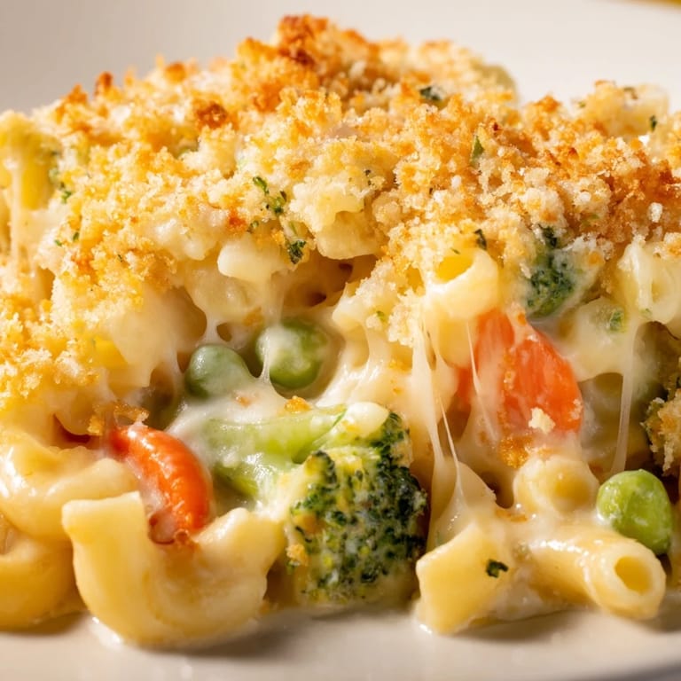 Comforting Garden Veg Mac and Cheese served in a baking dish, topped with crunchy panko breadcrumbs for a perfect weeknight family dinner.