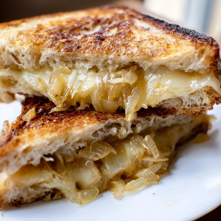 A close-up of Caramelized Onion & Gruyère Grilled Cheese with sweet onions and nutty Gruyère.