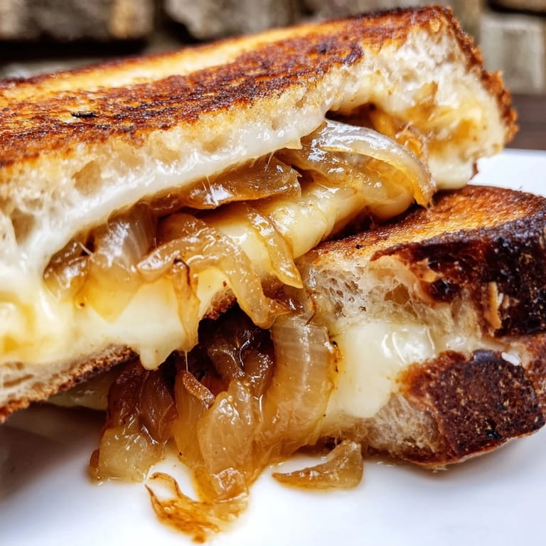 Crispy Caramelized Onion & Gruyère Grilled Cheese served beside a fresh green salad for lunch.