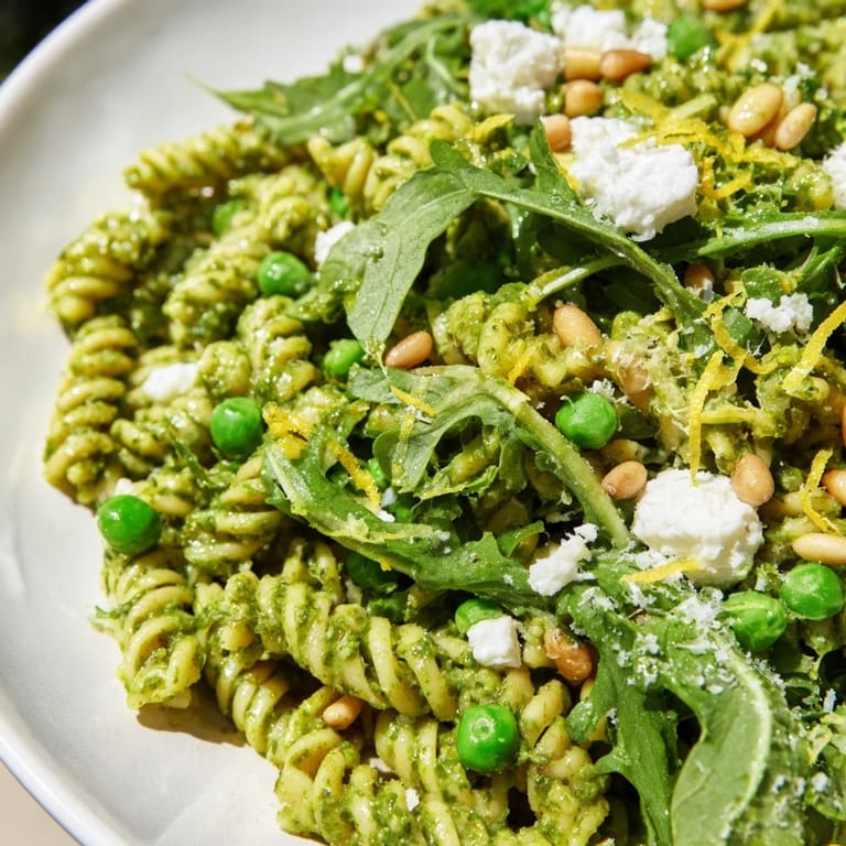 A bright bowl of Spring Green Pesto Pasta Salad, topped with toasted pine nuts and lemon zest.
