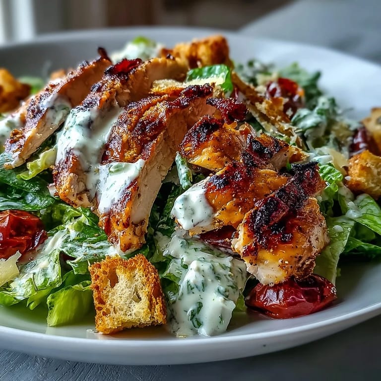 Fresh Yogurt Caesar Grilled Chicken Salad with creamy dressing and shaved Parmesan.