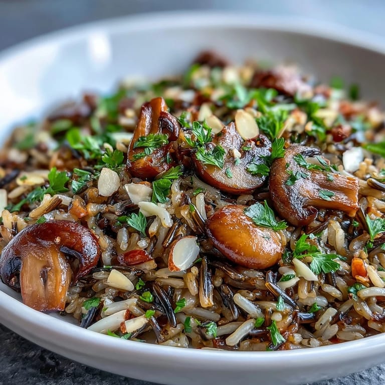 Savory wild rice and mushroom pilaf, a vegetarian delight garnished with parsley.
