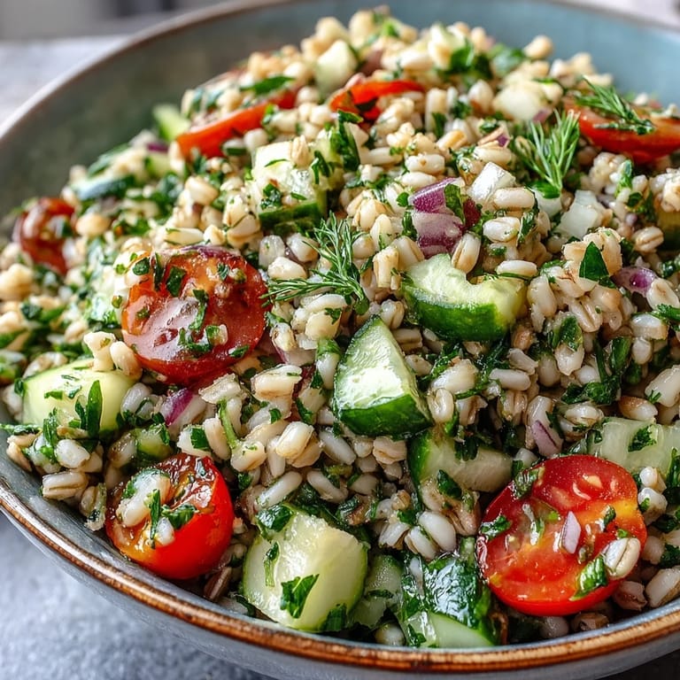 Vibrant barley and herb salad bursting with colorful vegetables, perfect for spring.