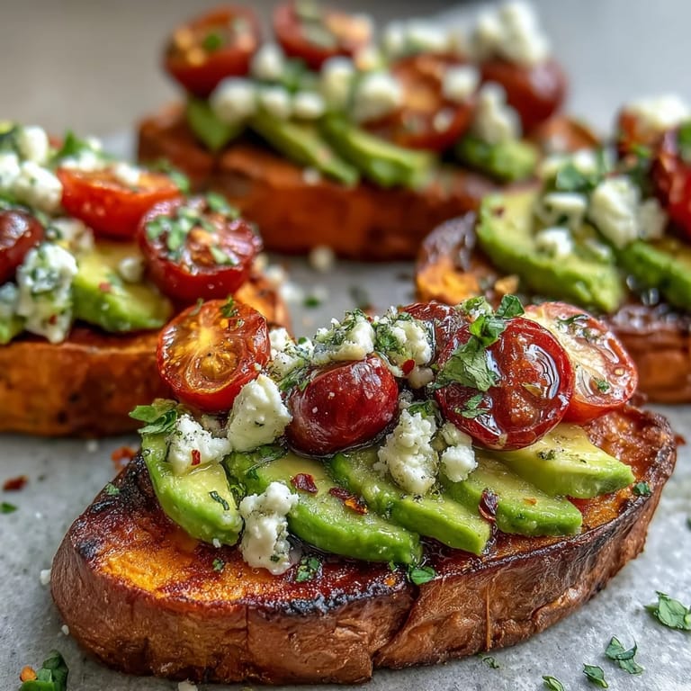 Deliciously roasted sweet potato toast, artfully arranged with savory and sweet toppings.