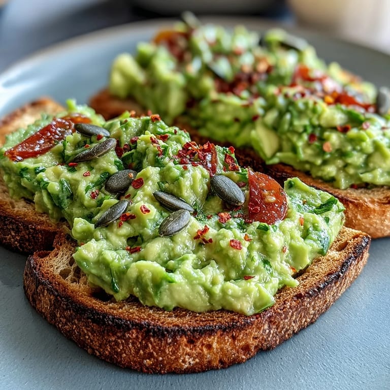 Visually appealing whole grain toast topped generously with fresh, seasoned avocado spread.
