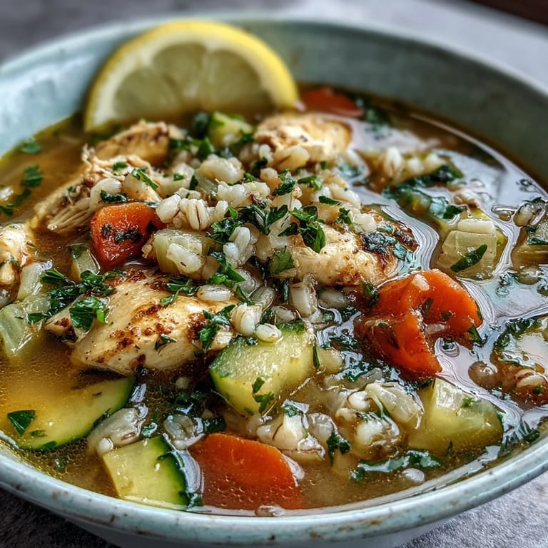 A hearty bowl of Soothing Turmeric Chicken With Pearl Barley soup features tender chicken, carrots, and celery in a golden broth.