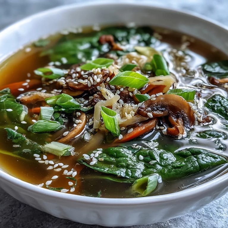 Close-up of Miso Ginger Winter Soup showing tender vegetables and fresh green onions in a savory broth.