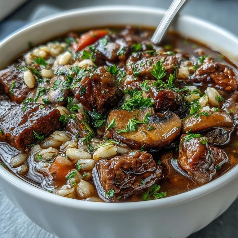 Steaming pot of Vegetable Beef, Barley, and Mushroom Soup with a wooden spoon, ready to serve on a cozy American kitchen table.