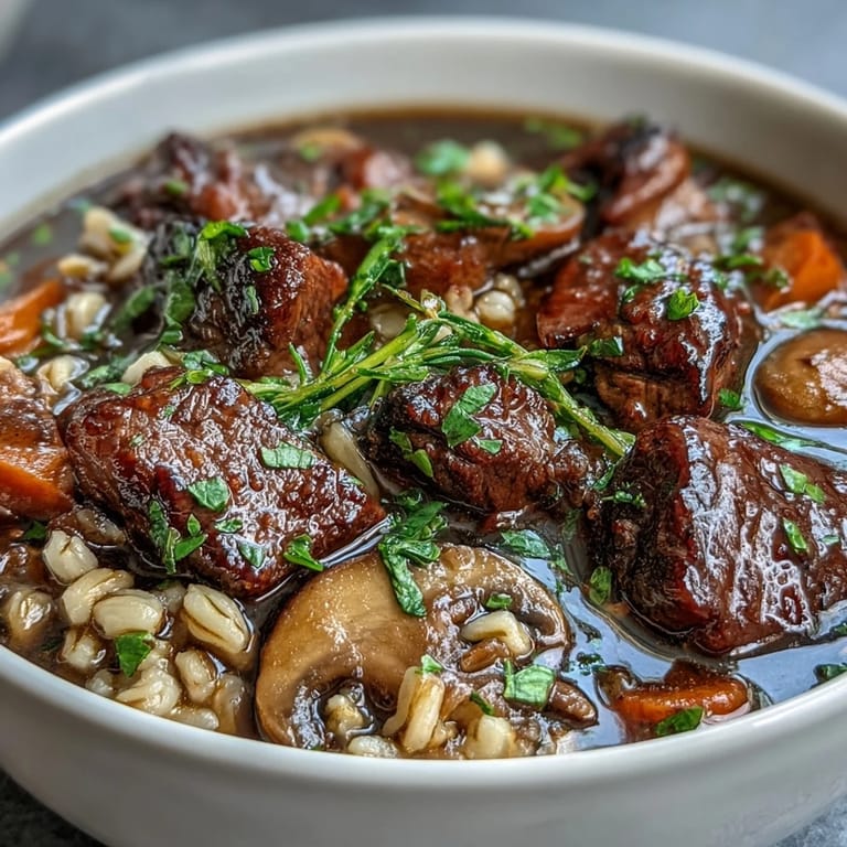 Freshly prepared Vegetable Beef, Barley, and Mushroom Soup with diced tomatoes and parsley garnish, perfect for chilly day dinners.