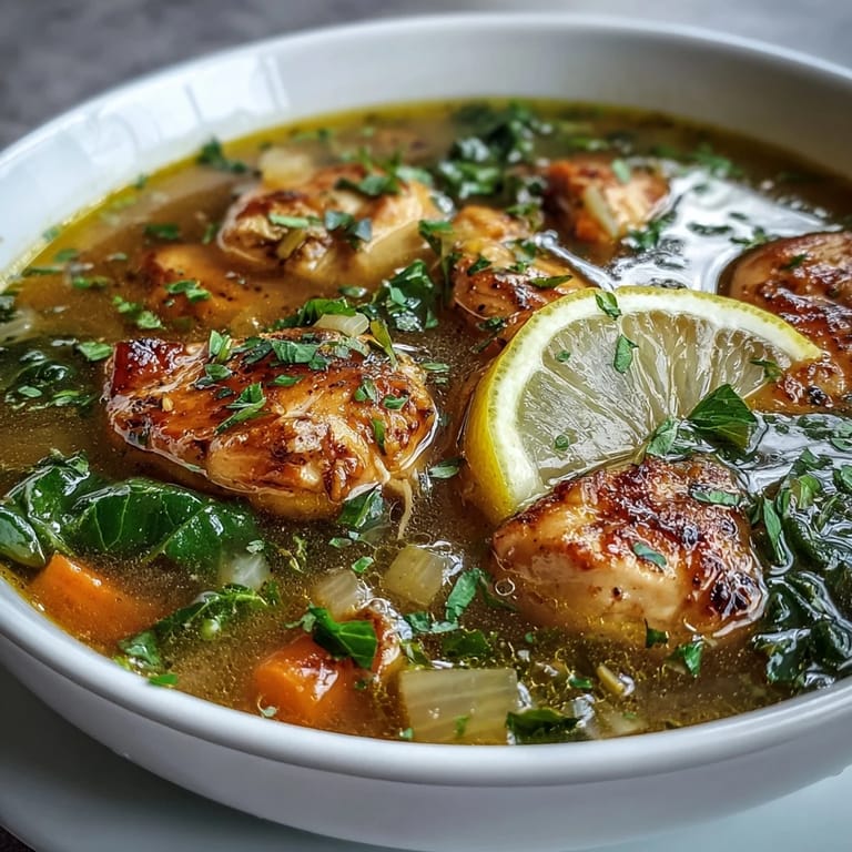 A ladle lifts a serving of High Protein Lemon and Turmeric Chicken Soup, showing golden broth, vibrant spices, and steam rising into soft natural light.