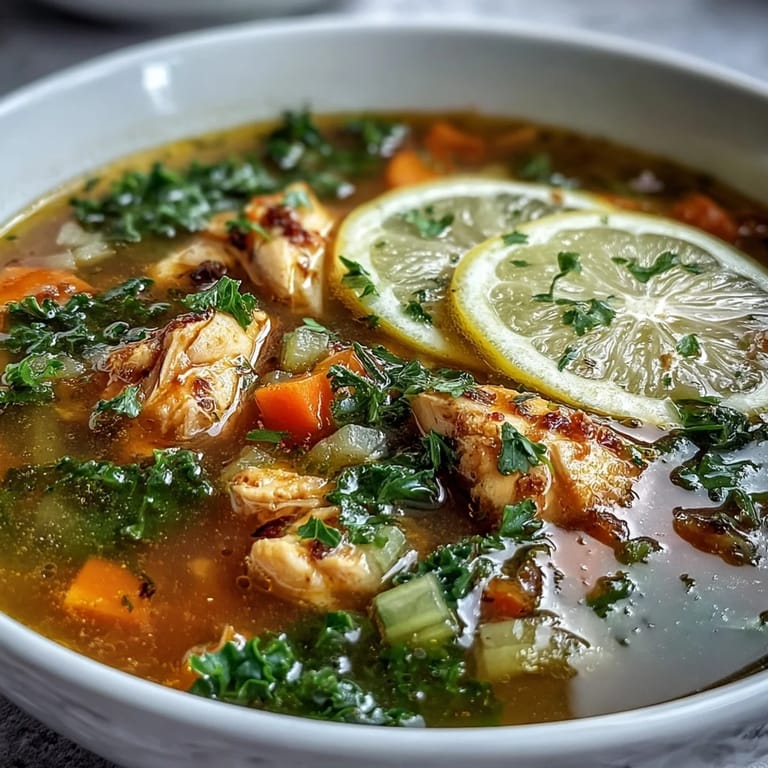 High Protein Lemon and Turmeric Chicken Soup garnished with fresh parsley and lemon slices, plated beside a spoon for a cozy, protein-packed meal.