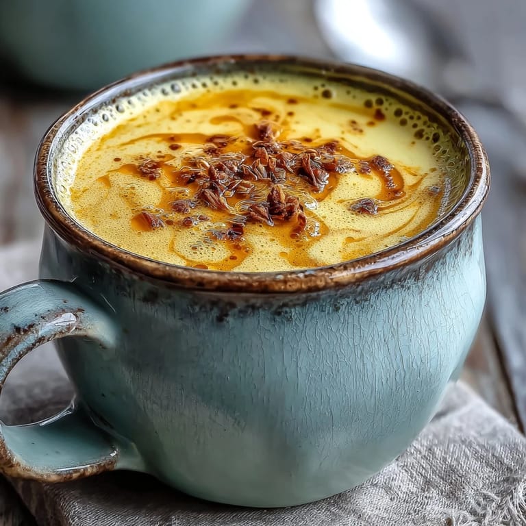 A freshly blended Turmeric and Ginger Golden Milk topped with light foam, resting on a rustic wooden table next to fresh ginger root.