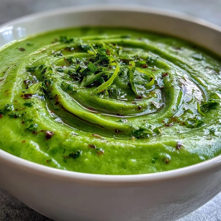 Smooth green Courgette, Pea and Pesto Soup served alongside rustic crusty bread for dipping.