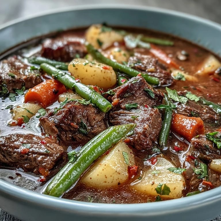 Freshly ladled Beef and Vegetable Soup garnished with parsley, served hot alongside crusty artisan bread.