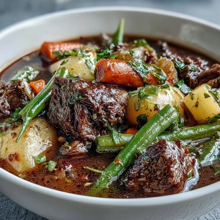 Rustic Dutch oven filled with hearty Beef and Vegetable Soup, showcasing chunky root vegetables and green beans.
