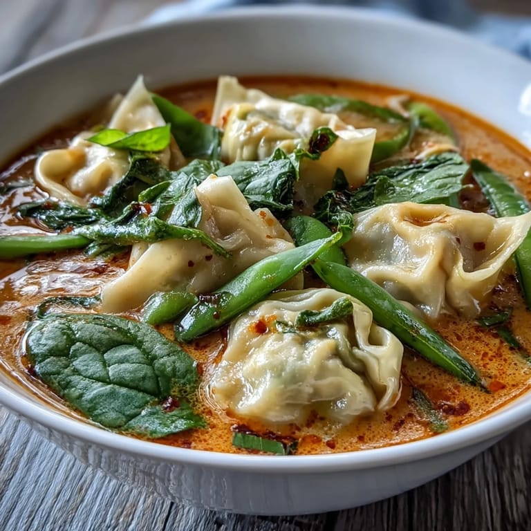 Spicy Red Curry Wonton Soup with greens served in a rustic bowl, garnished with lime wedges and fresh cilantro.
