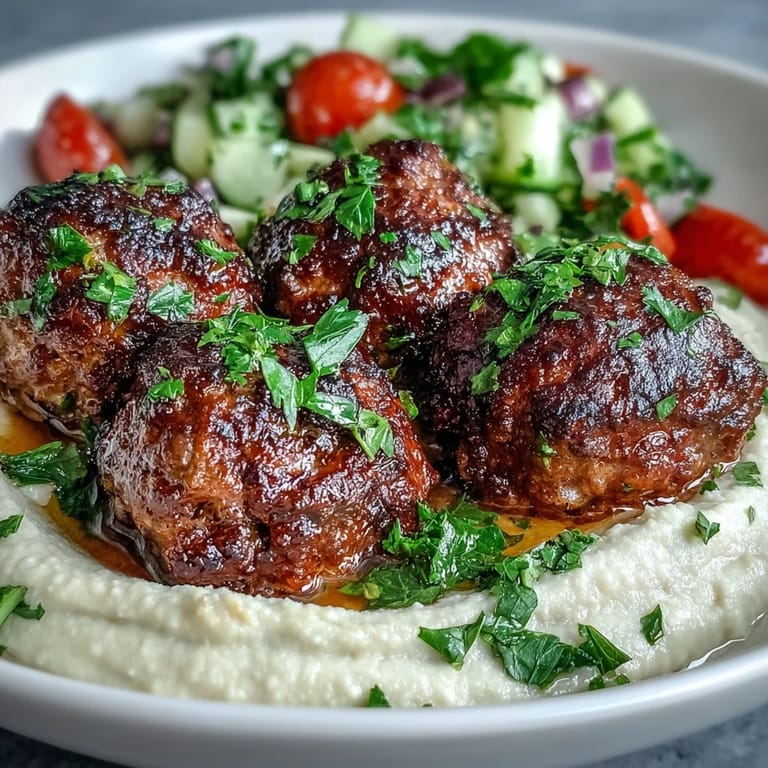 Crumbled venison meatballs served next to fresh salad and creamy hummus for a Mediterranean fusion meal.