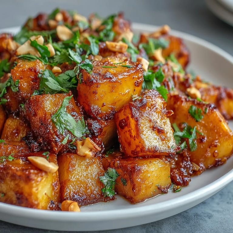 Hearty Curried Celeriac served warm as a vegetarian main dish topped with toasted cashews.