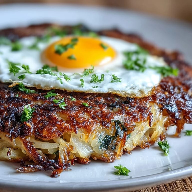 Golden celeriac rösti with a fried egg and harissa yogurt sauce, garnished with fresh parsley for a vibrant vegetarian meal.