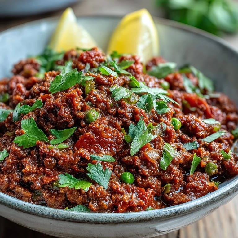 Warm bowls of hearty Venison Keema Curry ready to serve, with bright lemon wedges on the side for a fresh squeeze over steamed rice.