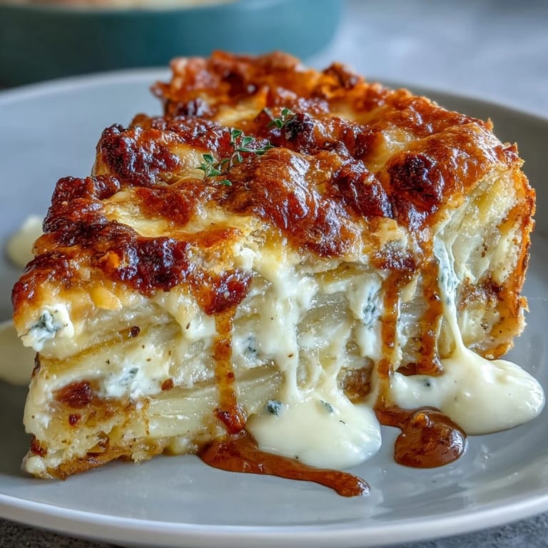 Sliced wedges of creamy Cheese and Potato Pie reveal layers of tender potatoes and savory onions on a plate.