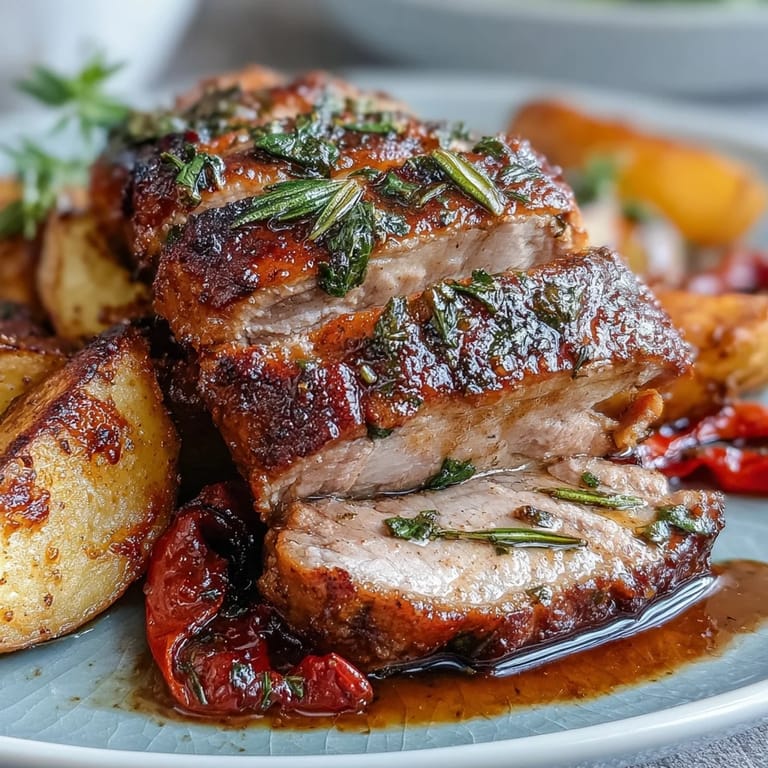 A rustic skillet holds Marinated Ibérico Pork Fillet with crispy potatoes and roasted red peppers, ready to serve.