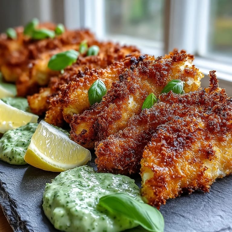 Baked Haddock Goujons With Parmesan Crust offer a crunchy texture, paired with a bright, herby pea pesto for dipping.