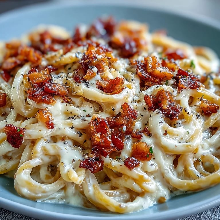 Plated celeriac carbonara garnished with black pepper, ready to serve with extra Parmesan.