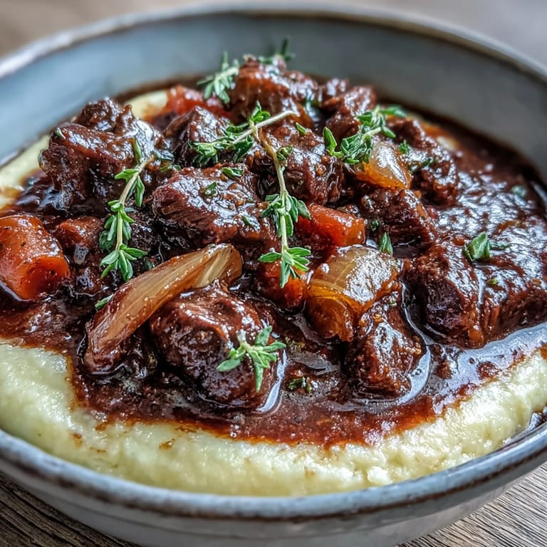 A comforting bowl of Venison Stew with Sloe Gin and Polenta, garnished with fresh thyme.