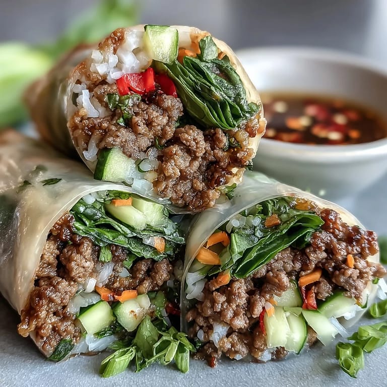 A hand holds a Thai Basil Beef Roll near a bowl of tangy sauce, showcasing colorful veggies and tender beef filling.