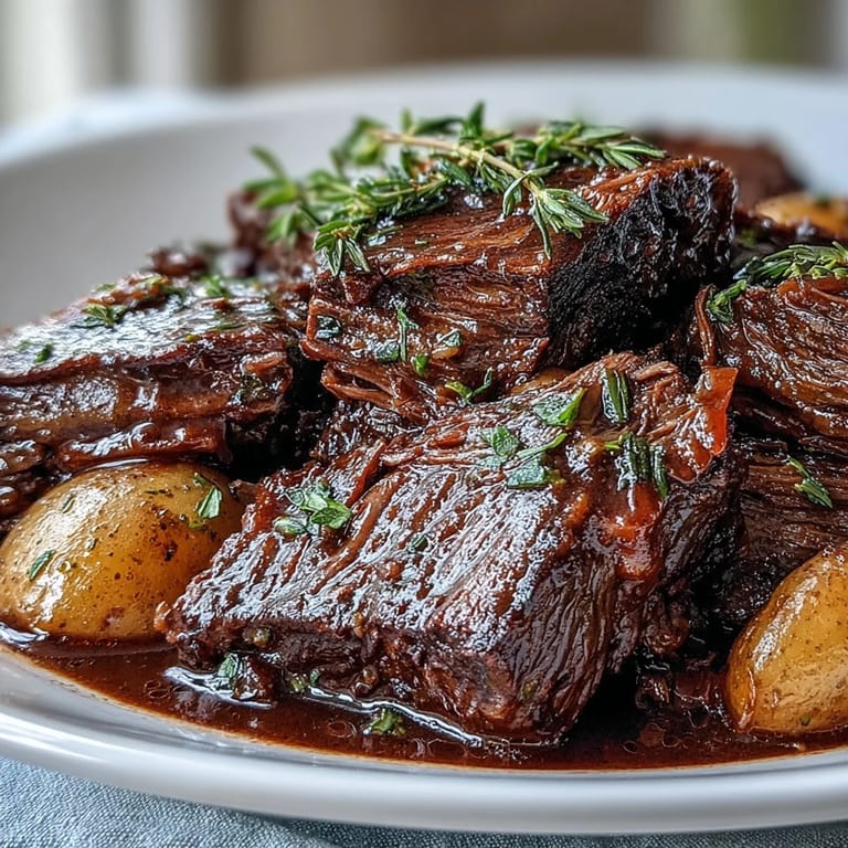 Hearty beef pot roast plated with buttered noodles and a ladle of savory red wine sauce.