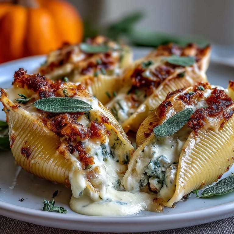 Overhead view of stuffed shells with pumpkin and smoked Gouda, drizzled with nutty brown butter sage sauce for a cozy dinner.