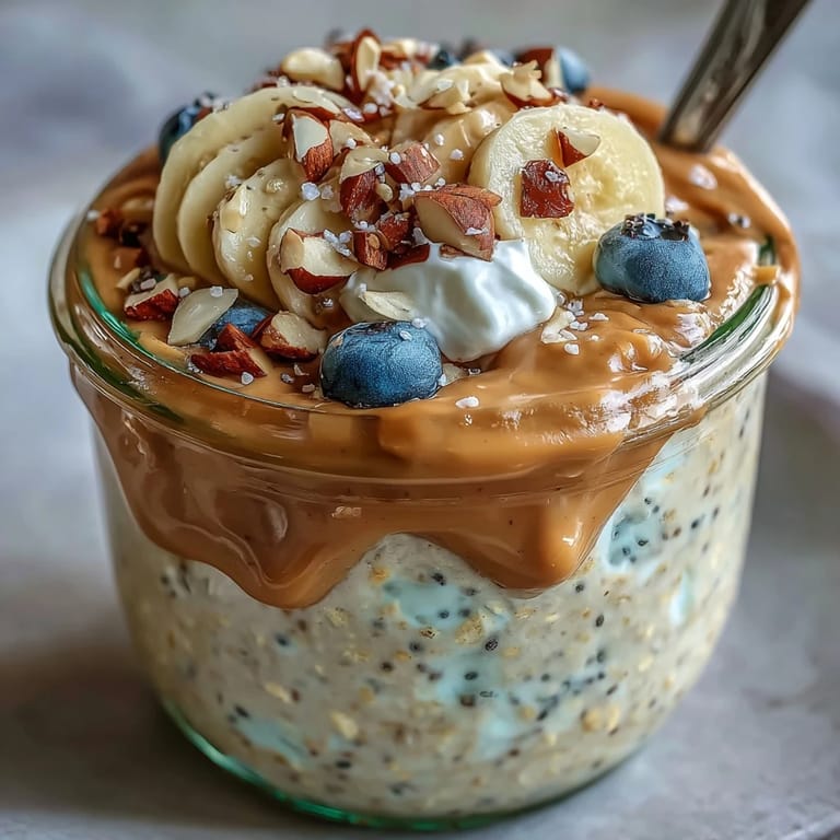 Close-up of a spoon lifting a bite of High-Protein Peanut Butter Overnight Oats with fresh berries and yogurt.