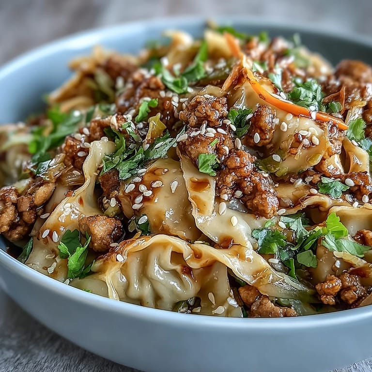 Garnished with fresh cilantro and sesame seeds, this Potsticker Noodle Bowl is served steaming in a ceramic bowl with lime wedges on the side.