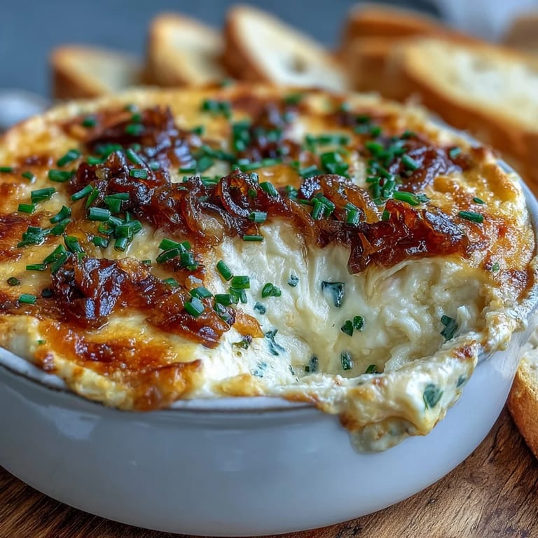 Baked Smoked Gouda & Onion Dip with caramelized onions and fresh chives garnish