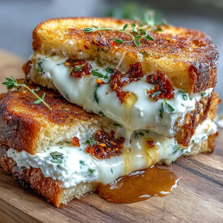 Inside the toasted sandwich, melted chèvre and cream cheese filling oozes, mingling with sweet honey and spicy red chili flakes.