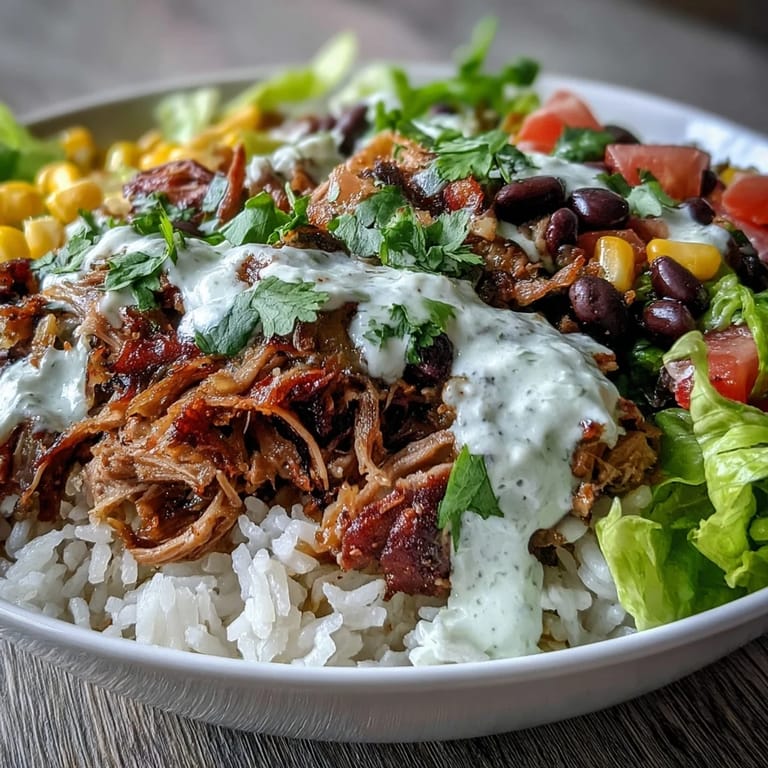 In this Carnitas Burrito Bowl, crispy-edged pork sits on a bed of cilantro-lime rice, drizzled with creamy lime crema and zesty salsa.