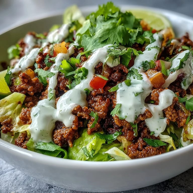 A healthy taco bowl ready to serve, garnished with avocado, cheddar cheese, and fresh lime wedges for a zesty finish.