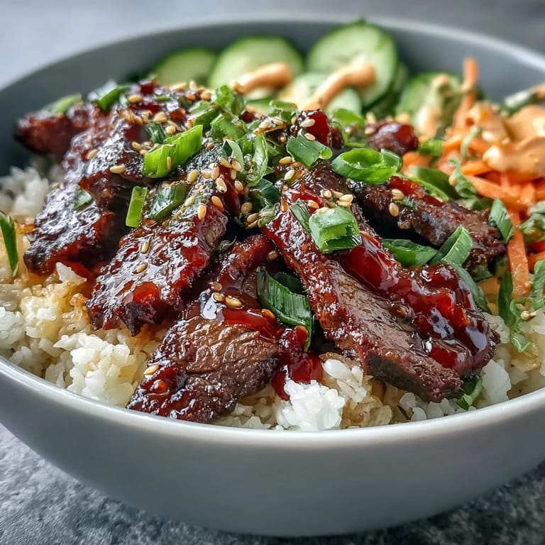Overhead view of a Korean Beef Power Bowl garnished with sesame seeds and green onions.