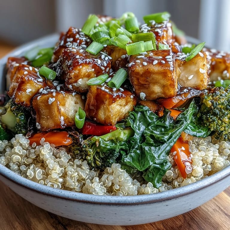 A serving of warm Quinoa Vegetable Teriyaki Bowl in a rustic ceramic dish, garnished with fresh green onions.