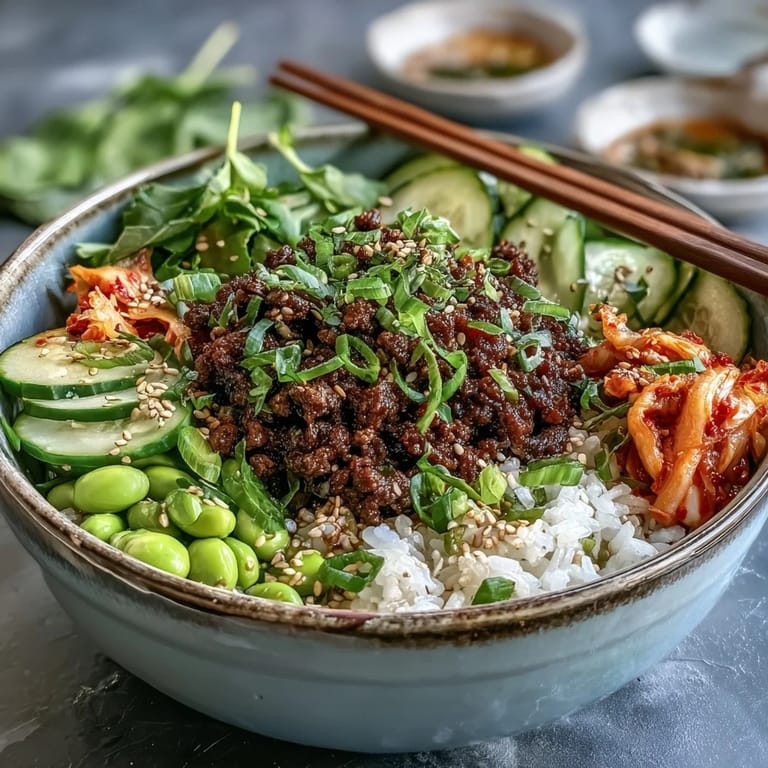 Savory Korean Ground Beef Bowl topped with fresh scallions and sesame, served alongside warm rice and crunchy vegetables.