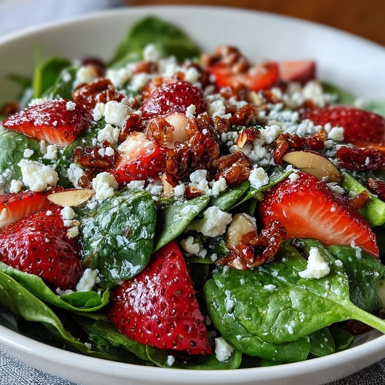 Bright spring salad with sweet strawberries, baby spinach, toasted almonds, and tangy poppyseed dressing, perfect for lunch.