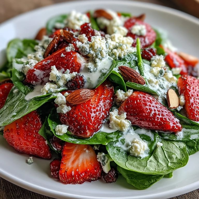 Colorful strawberry spinach salad topped with feta cheese, crunchy nuts, and creamy poppyseed dressing, served in a white bowl.